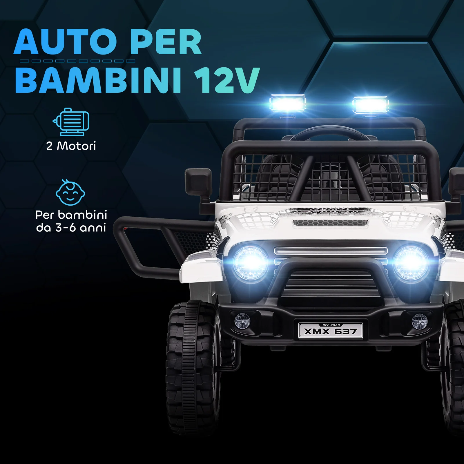 fuoristrada-elettrico-12v-bianco-4.webp Fuoristrada Elettrico per Bambini 12V Bianco – Doppio Motore & Sospensioni 4 Ruote - immagine 1